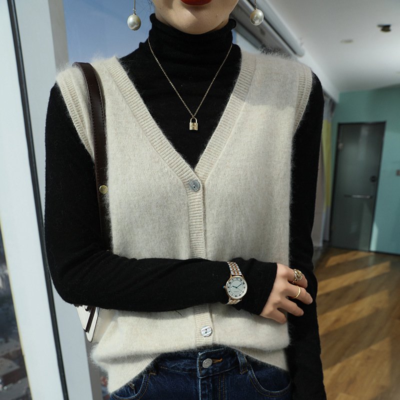 Spring and Autumn Sleeveless Wool Cardigan Vest Collar Mink Velvet Waistcoat Sweater Top Fleece Sweater Simple Fashionable Knitting - Image 5