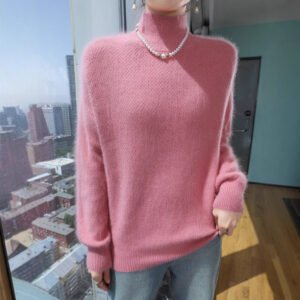 Spring and Autumn Half Turtle Collar Loose Wool Sweater Women's Solid Color Bottoming Sweater Knitted Short Mink Sweater
