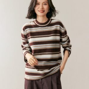 Retro contrast striped cashmere sweater for women, round neck, loose, lazy style, soft and waxy long-sleeved sweater