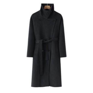 Fashionable and high-end double-sided cashmere coat for women, loose, thickened, mid-length woolen coat with laces