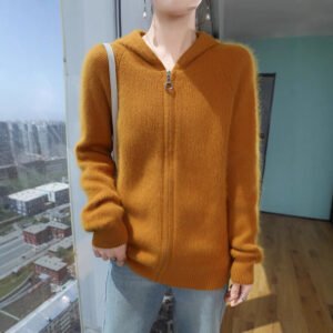 Spring and autumn outer hooded mink sweater for women solid color versatile slim wool knitted zipper cardigan