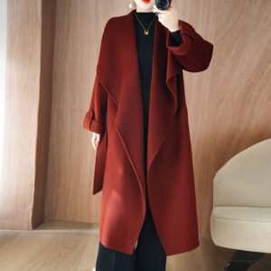 Wool double-faced woolen coat women's extended length over the knee lace-up coat loose