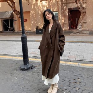 Off-white camel hair coat for women, ladylike style thick mid-length double-sided woolen coat for women with high-end feel