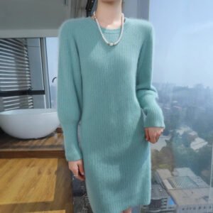 Spring and Autumn mink velvet round neck knitted dress solid color loose warm long sleeve mid-length sweater skirt