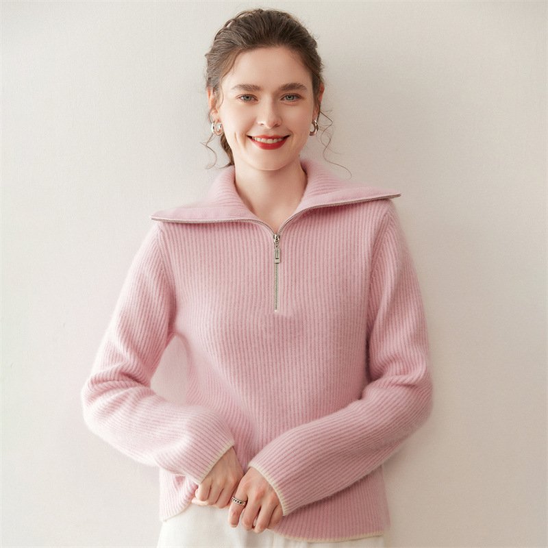 Women's cashmere sweater turtleneck zipper versatile thickened warm drawstring base - Image 10