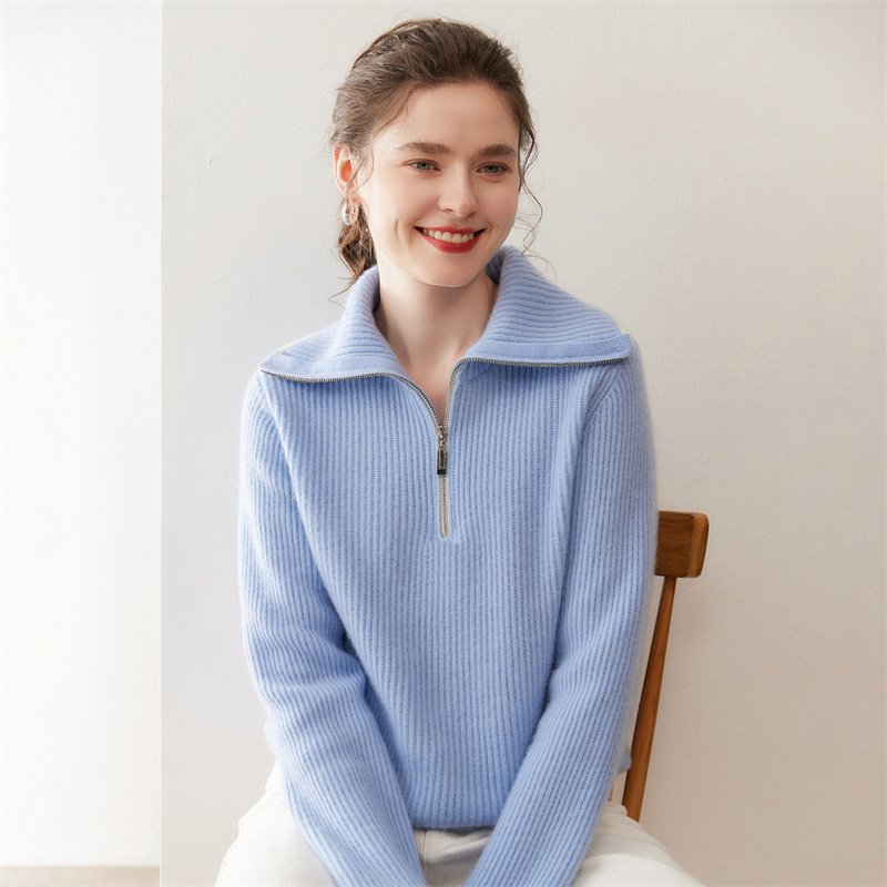 Women's cashmere sweater turtleneck zipper versatile thickened warm drawstring base - Image 2