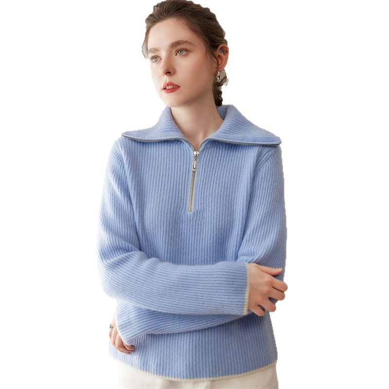 Women's cashmere sweater turtleneck zipper versatile thickened warm drawstring base - Image 3