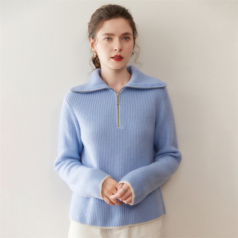 Women's cashmere sweater turtleneck zipper versatile thickened warm drawstring base - Image 8