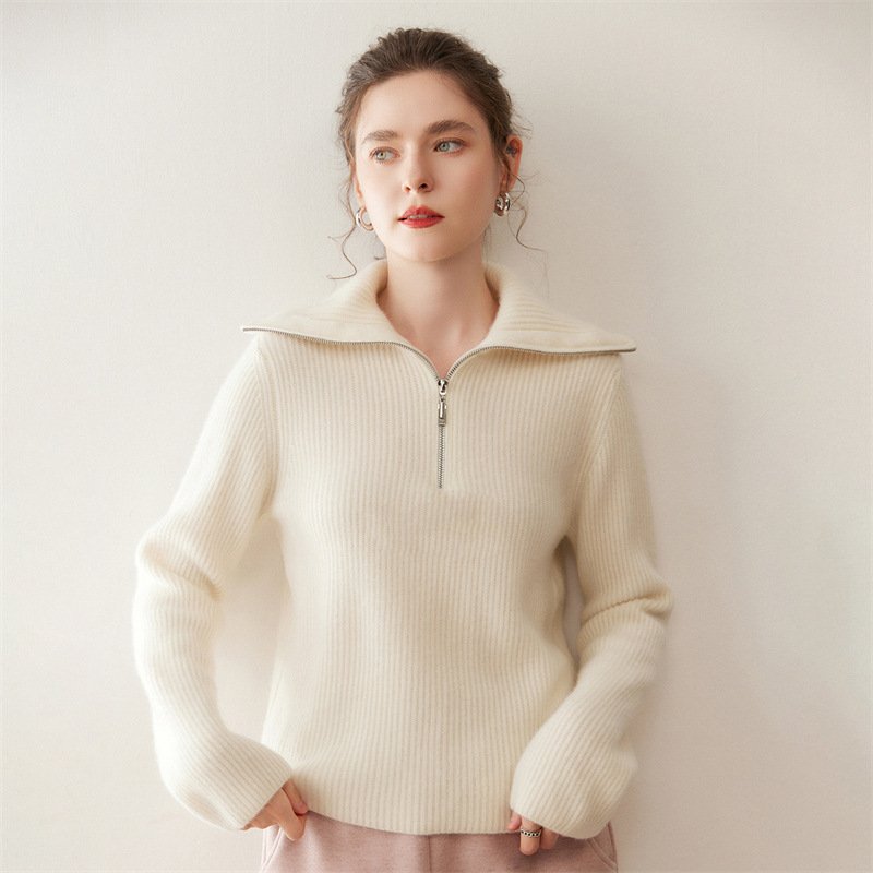 Women's cashmere sweater turtleneck zipper versatile thickened warm drawstring base - Image 9