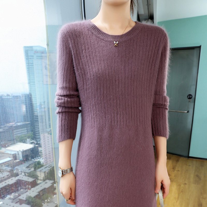Mink Velvet Dress Spring and Autumn Women's Round Neck Style Slim Fit Vertical Striped Solid Color Sweater Dress - Image 11