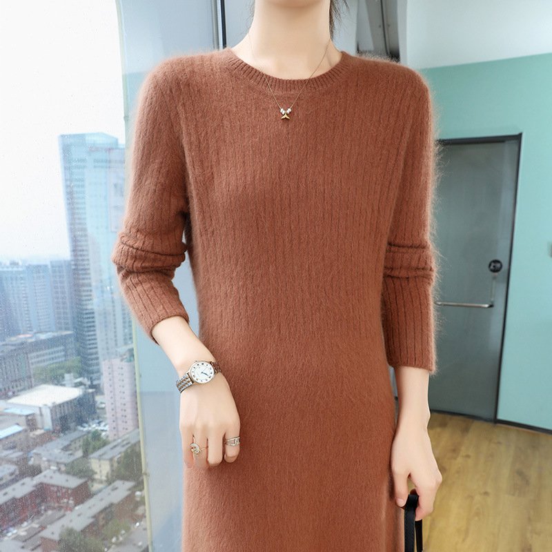 Mink Velvet Dress Spring and Autumn Women's Round Neck Style Slim Fit Vertical Striped Solid Color Sweater Dress - Image 12