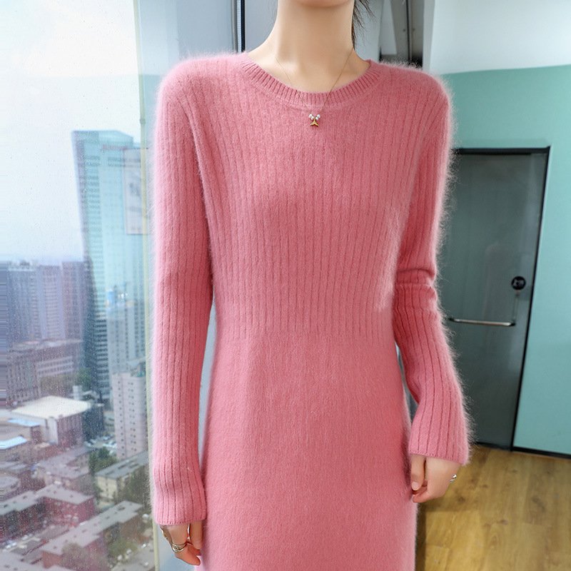 Mink Velvet Dress Spring and Autumn Women's Round Neck Style Slim Fit Vertical Striped Solid Color Sweater Dress - Image 14