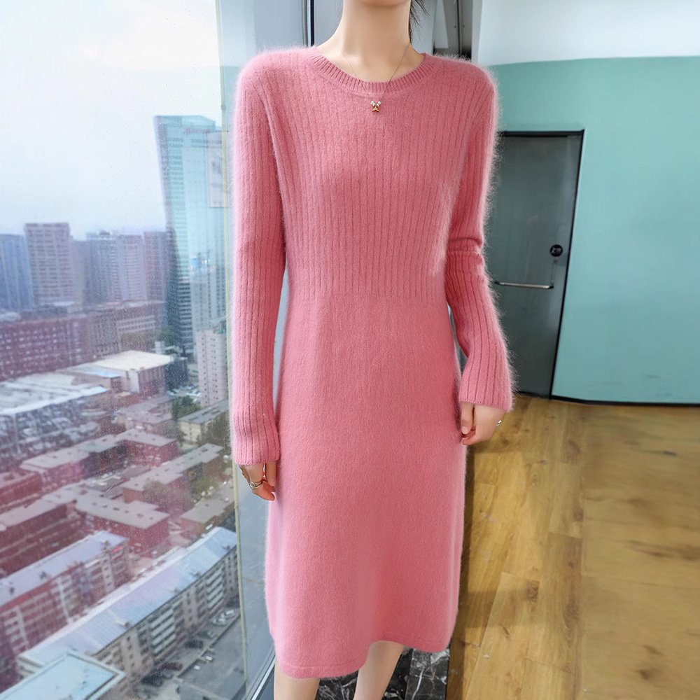 Mink Velvet Dress Spring and Autumn Women's Round Neck Style Slim Fit Vertical Striped Solid Color Sweater Dress