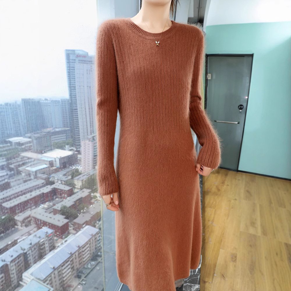 Mink Velvet Dress Spring and Autumn Women's Round Neck Style Slim Fit Vertical Striped Solid Color Sweater Dress - Image 2