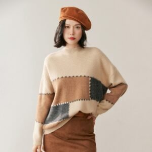 Autumn double-ply color-blocked cashmere sweater pullover for women, fashionable and versatile half turtleneck