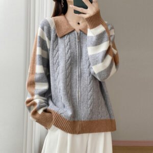 Autumn color block zipper cardigan casual all-match wool sweater jacket thickened