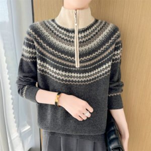 Half turtleneck zipper jacquard knitted cardigan for women retro style warm pullover sweater