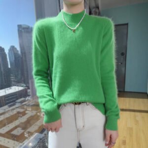 Spring and Autumn Mink Half Turtleneck Knitted Sweater Solid Color Loose Pullover Warm Bottoming Sweater Wool Sweater for Women