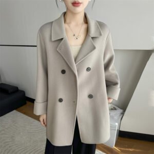 Double-sided cashmere coat for women petite lace-up waist mid-length woolen coat short