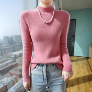 Spring and Autumn Half Turtle Collar Mink Sweater Women's Solid Color Slim Fit Commuting Knitted Bottoming Sweater