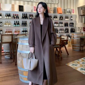 Temperament bathrobe double-sided woolen coat women's long lace-up waist woolen coat camel hair