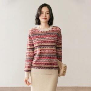 Retro Fair Isle jacquard round neck cashmere sweater for women, loose warm knitted sweater, versatile