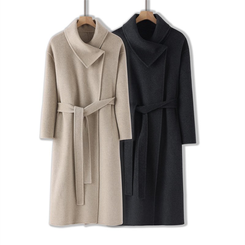 Women's double-sided cashmere coat mid-length wool outer versatile lace-up high-end lapels - Image 2