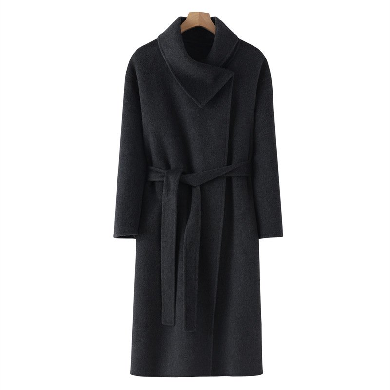 Women's double-sided cashmere coat mid-length wool outer versatile lace-up high-end lapels - Image 5