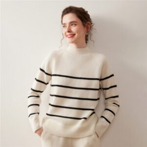 Women's Half Turtle Collar Striped Thick Cashmere Knitted Bottoming Sweater Warm and Versatile Soft