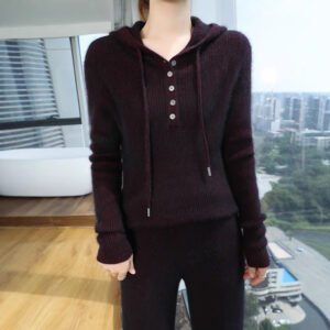 Spring and Autumn mink sweater hooded sweatshirt wool sweater women solid color loose casual hoodie sweater