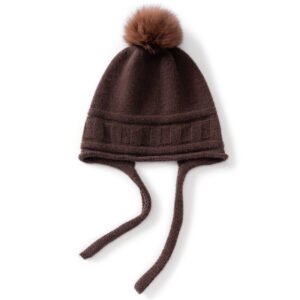 Pure cashmere ear protection hat, cute fur ball warm knitted hat, soft and skin-friendly cashmere lace-up hat
