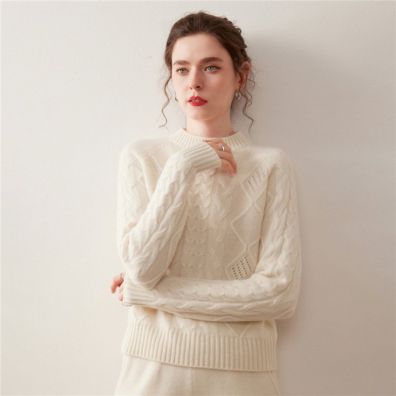 Women's Half Turtle Neck Cable Thick Cashmere Sweater Bottoming Sweater Warm and Versatile