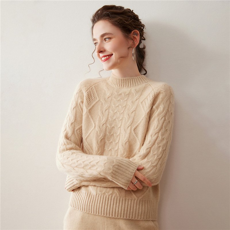 Women's Half Turtle Neck Cable Thick Cashmere Sweater Bottoming Sweater Warm and Versatile - Image 7