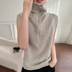 Autumn fashion versatile women's wool lapel zipper vest simple and elegant slim sleeveless vest jacket