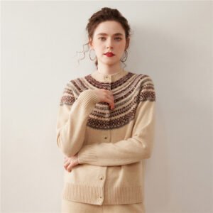 Light luxury cashmere cardigan for women Fair Isle jacquard sweater jacket round neck new knitted warm and thickened