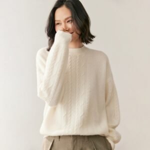 Half turtleneck cable knitted sweater for women, soft and waxy cashmere sweater, loose, lazy, versatile and thick