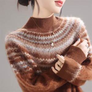Fair Isle Half Turtleneck Sweater Women's Wool Plush Top Warm Knitted Sweater