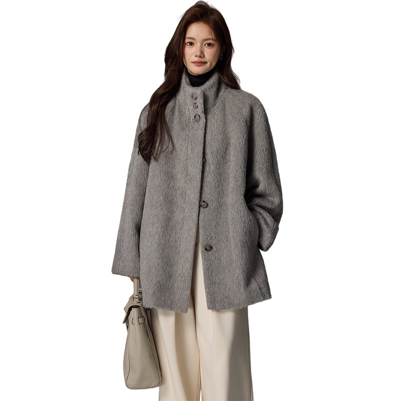 High-quality Suli alpaca coat, medium-length, small, high-end, stand-up collar woolen coat, thickened - Image 2