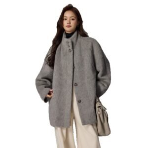High-quality Suli alpaca coat, medium-length, small, high-end, stand-up collar woolen coat, thickened