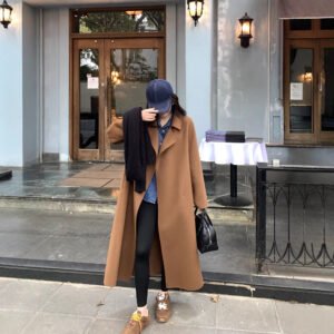 Double-sided cashmere coat women's long loose lace-up Australian wool coat temperament