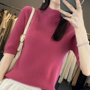Half turtleneck, five-quarter sleeve knitted woolen sweater for women, slim fit solid color inner base sweater