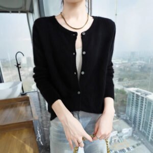 Mink sweater for women spring and autumn round neck loose buttoned solid color short wool knitted sweater cardigan jacket