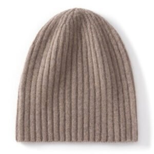 Solid color pure cashmere knitted beanie women's simple pit strip warm pullover hat versatile beige