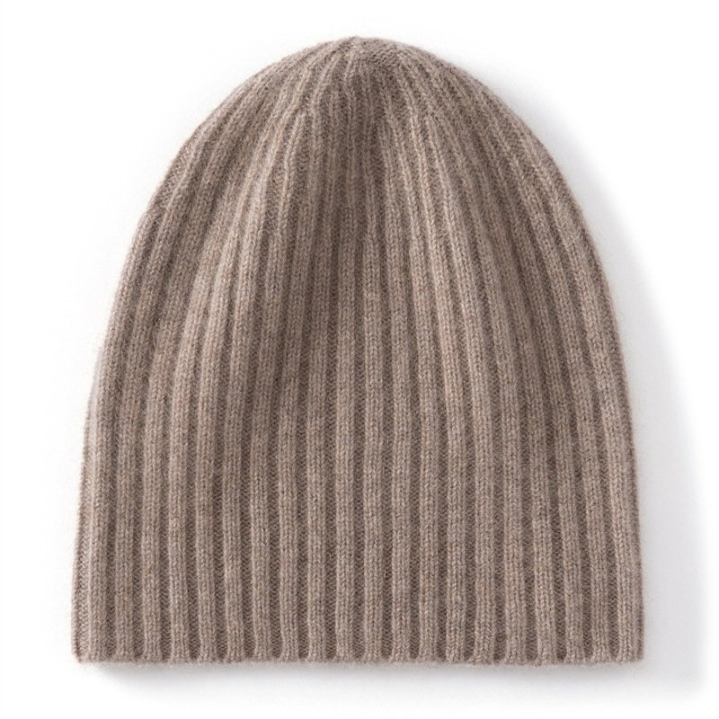 Solid color pure cashmere knitted beanie women's simple pit strip warm pullover hat versatile beige