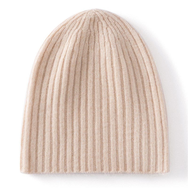 Solid color pure cashmere knitted beanie women's simple pit strip warm pullover hat versatile beige - Image 6