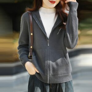 Wool hooded zipper knitted cardigan women's casual loose sweater