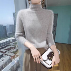 Spring and autumn half turtleneck mink sweater for women, loose long-sleeved pullover knitted sweater, versatile base layer