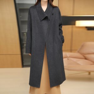 Double-sided woolen coat for women, mid-length lapel, lace-up waist, elegant woolen coat
