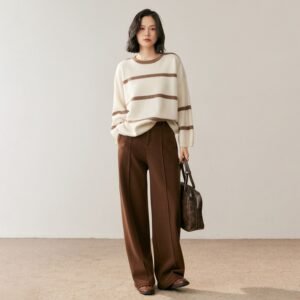 Contrast color striped round neck fashion versatile casual style cashmere sweater base layer for women